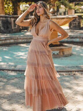Ever Pretty - V Neck Shimmery Tiered Evening Dress